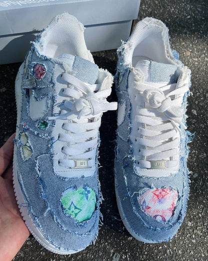 Custom Hand Painted Distressed Denim Air Force 1 Sneakers