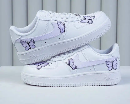 Unique Hand Painted Lavender Butterfly White Custom Air Force 1 Custom Sneakers Women's Aesthetic Comfortable Casual Daily Skate Shoes