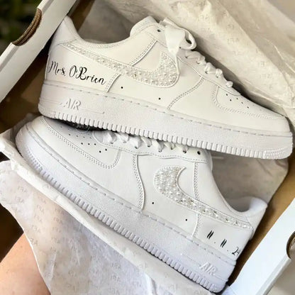 Personalized Custom Name/Date Pearl Rhinestone White Wedding Bridal Custom Air Force 1, Comfortable Ribbon Lace Bride Custom Sneakers for Wedding Day