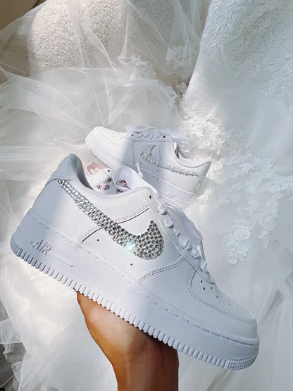 Personalized Shiny Rhinestone Embellished Bridal Wedding Custom Air Force 1, Customizable Name/Date White Satin Lace Comfortable Bridal Custom Sneakers