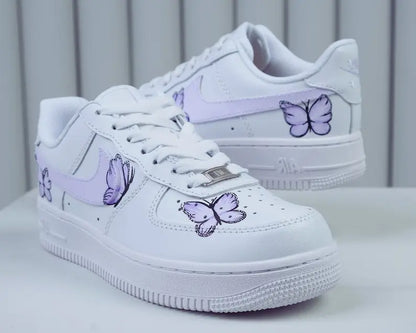 Unique Hand Painted Lavender Butterfly White Custom Air Force 1 Custom Sneakers Women's Aesthetic Comfortable Casual Daily Skate Shoes