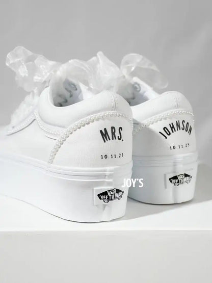 Product Title White Pearl Decor Platform Custom Air Force 1 Custom Sneakers Personalized Wedding Date & Name Organza Ribbon Laces Bridal Wedding Shoes for Bride