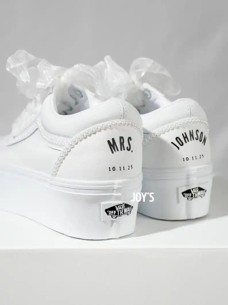 White Pearl Decor Platform Custom Air Force 1 Custom Sneakers Personalized Wedding Date & Name Organza Ribbon Laces Bridal Wedding Shoes for Bride
