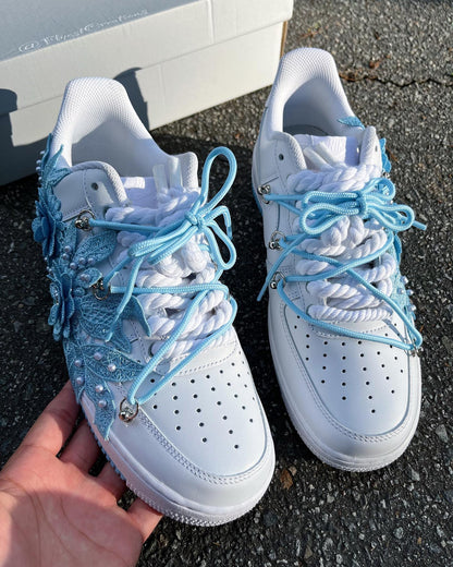 Handmade Blue Lace Floral Pearl Custom Air Force 1 Sneakers