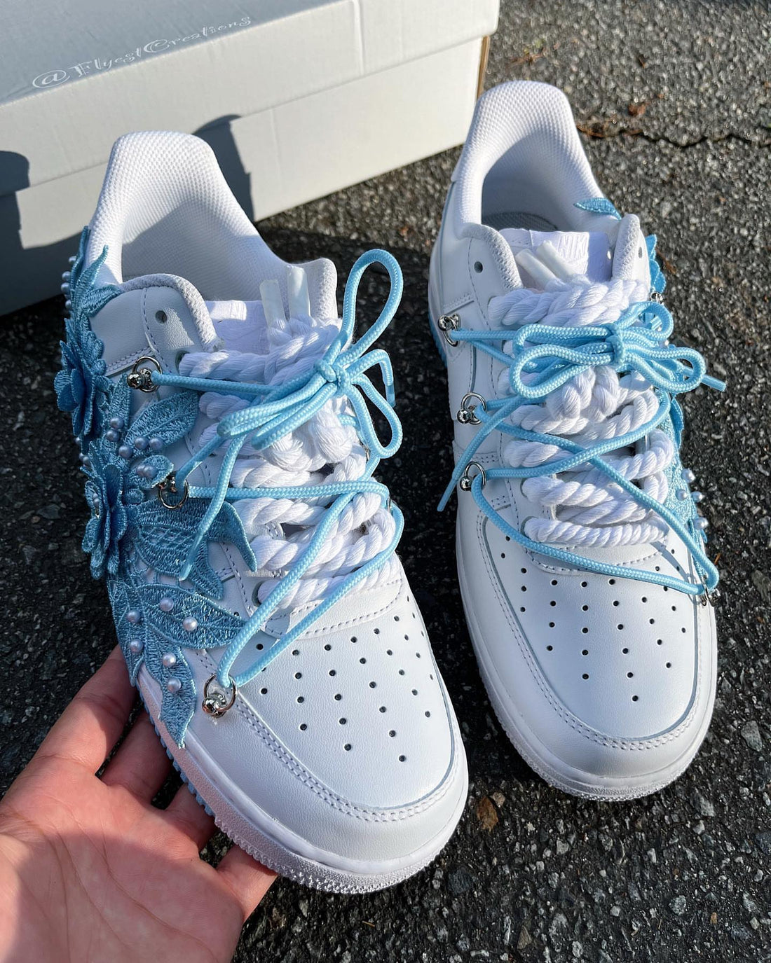 Handmade Blue Lace Floral Pearl Custom Air Force 1 Sneakers