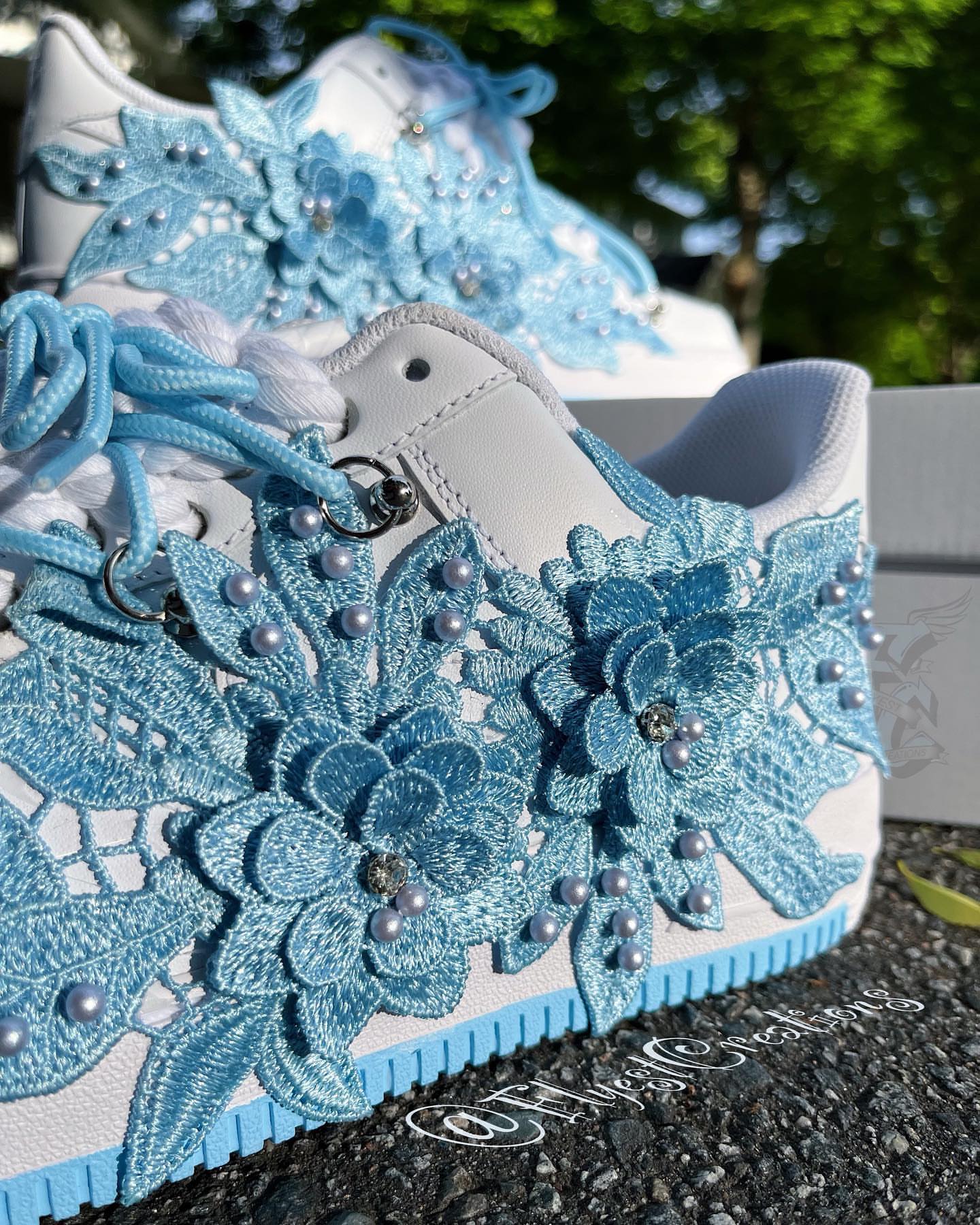 Handmade Blue Lace Floral Pearl Custom Air Force 1 Sneakers