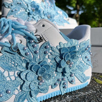 Handmade Blue Lace Floral Pearl Custom Air Force 1 Sneakers