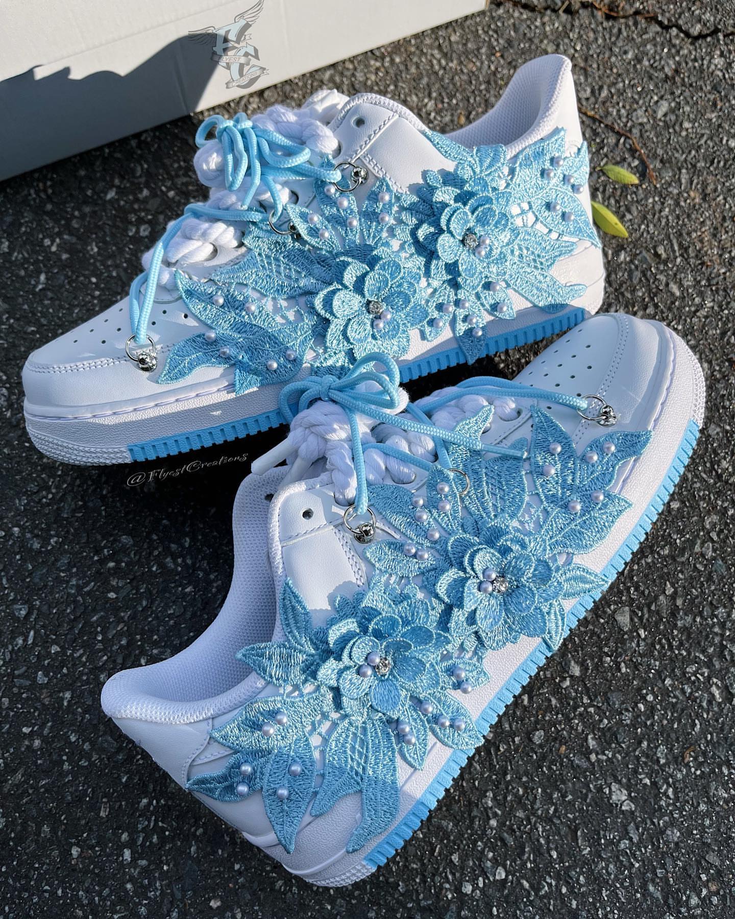 Handmade Blue Lace Floral Pearl Custom Air Force 1 Sneakers