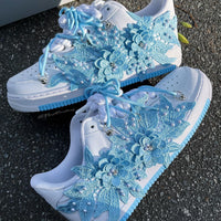 Handmade Blue Lace Floral Pearl Custom Air Force 1 Sneakers