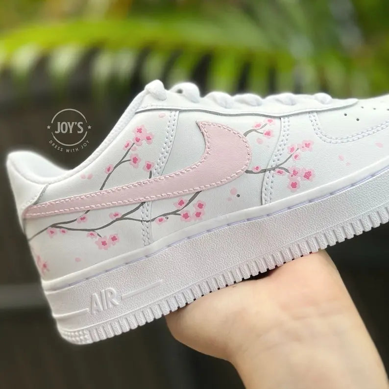 Hand Painted Cherry Blossom Custom Air Force 1, Cute Aesthetic White & Light Pink Floral Custom Sneakers for Women with Optional Matching Shoelaces