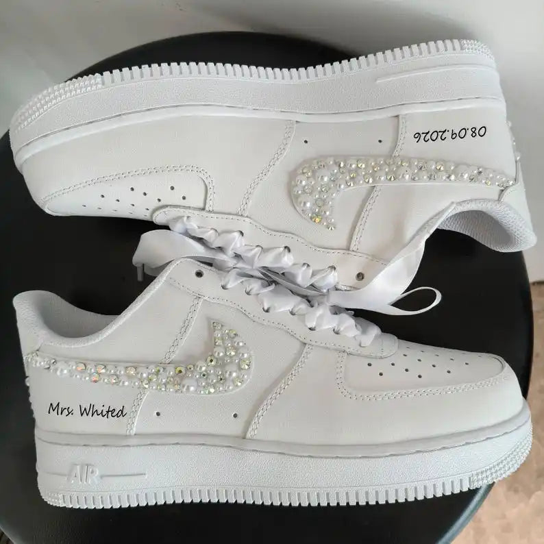 Pearl Rhinestone Embellished Personalized Bridal Custom Air Force 1, White Satin Laces Custom Name & Wedding Date Custom Sneakers for Bride Wedding Bridesmaid Gift