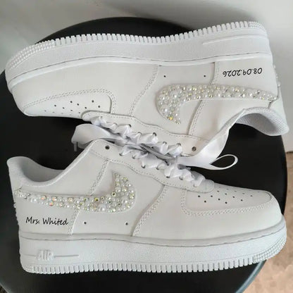 Pearl Rhinestone Embellished Personalized Bridal Custom Air Force 1, White Satin Laces Custom Name & Wedding Date Custom Sneakers for Bride Wedding Bridesmaid Gift