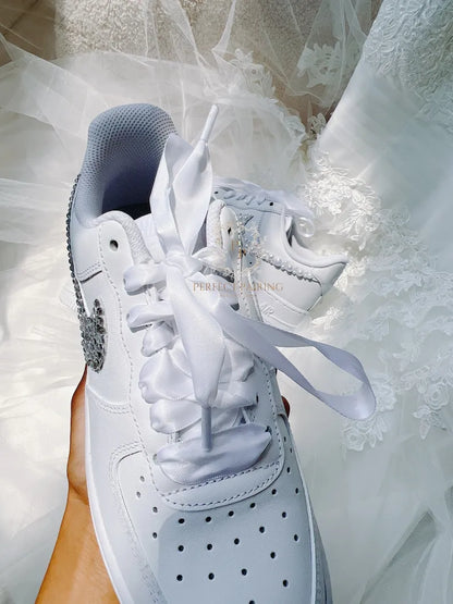 Personalized Shiny Rhinestone Embellished Bridal Wedding Custom Air Force 1, Customizable Name/Date White Satin Lace Comfortable Bridal Custom Sneakers