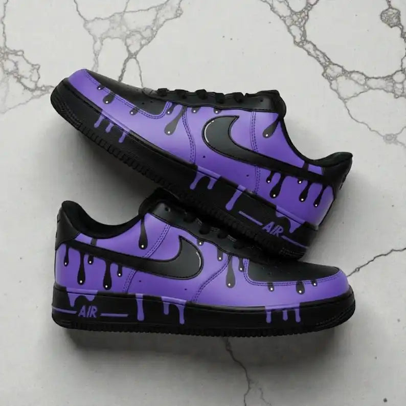 Purple Black Drip Design Hand-Painted Custom Air Force 1, Unique Streetwear Style Unisex Custom Sneakers