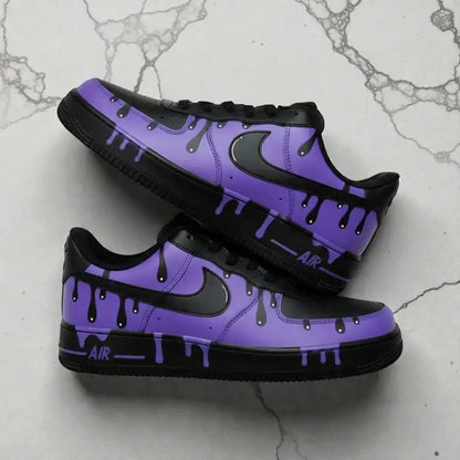 Purple Black Drip Design Hand-Painted Custom Air Force 1, Unique Streetwear Style Unisex Custom Sneakers