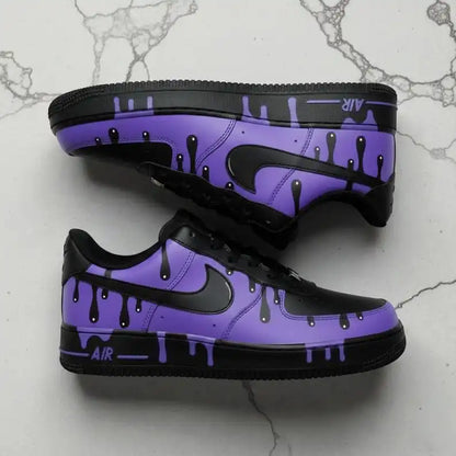 Purple Black Drip Design Hand-Painted Custom Air Force 1, Unique Streetwear Style Unisex Custom Sneakers
