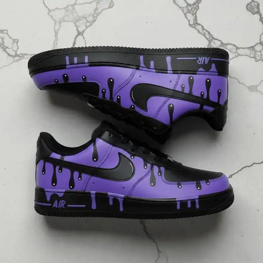 Purple Black Drip Design Hand-Painted Custom Air Force 1, Unique Streetwear Style Unisex Custom Sneakers