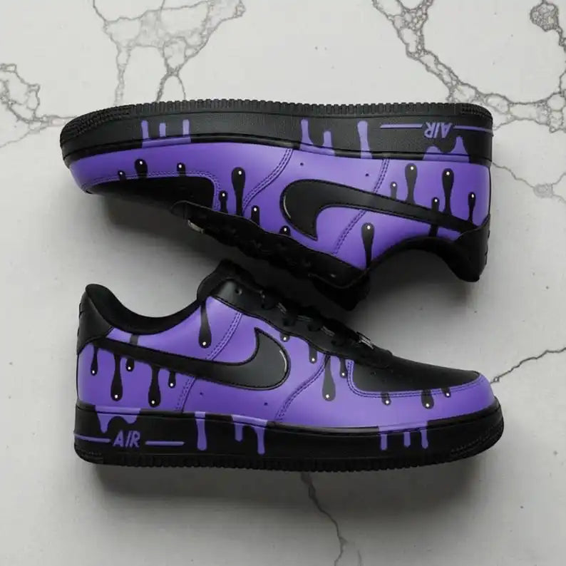 Purple Black Drip Design Hand-Painted Custom Air Force 1, Unique Streetwear Style Unisex Custom Sneakers