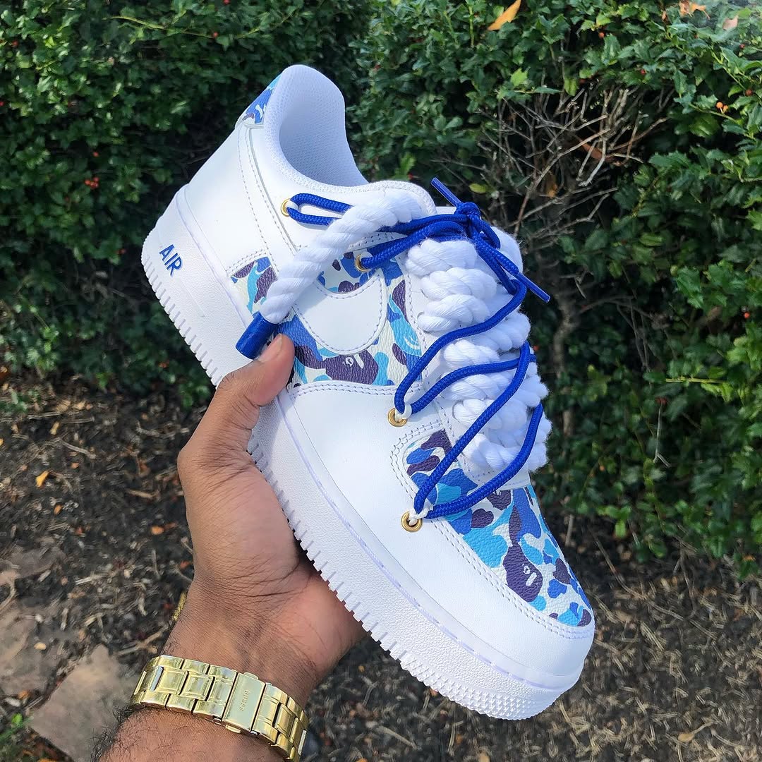Custom Hand Painted Blue Camo Air Force 1 Sneakers