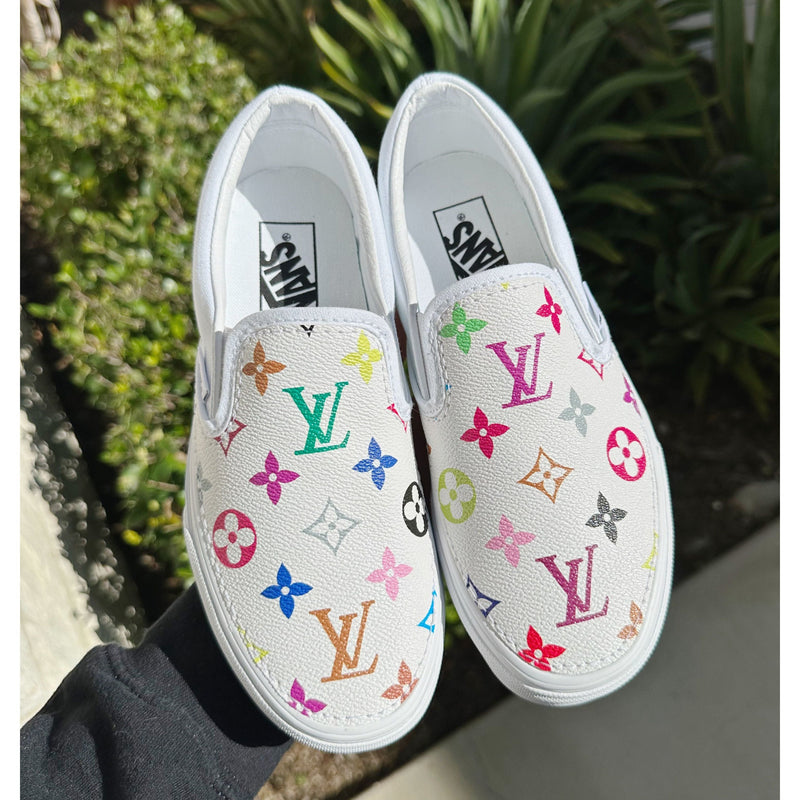 Hand Painted Colorful Monogram Custom Vans Slip On Sneakers
