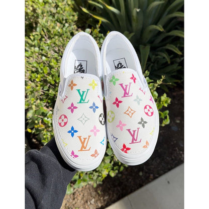 Hand Painted Colorful Monogram Custom Vans Slip On Sneakers