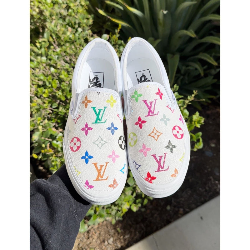 Hand Painted Colorful Monogram Custom Vans Slip On Sneakers