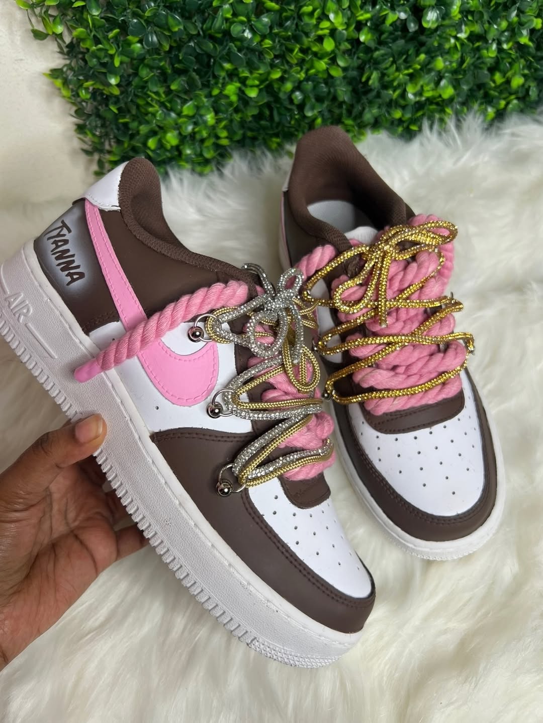 Hand Painted Pink Brown Custom Air Force 1 with Bling Laces
