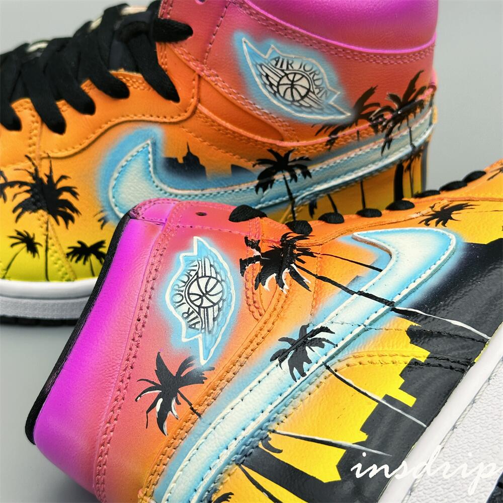 Pink Yellow Coconut Palm Island Sunset Custom Air Jordan 1