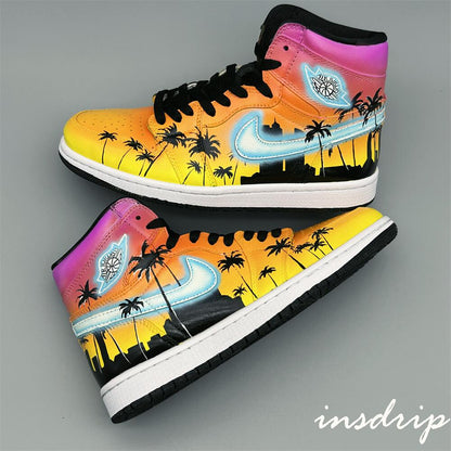 Pink Yellow Coconut Palm Island Sunset Custom Air Jordan 1