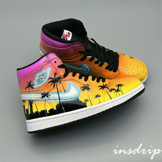 Pink Yellow Coconut Palm Island Sunset Custom Air Jordan 1
