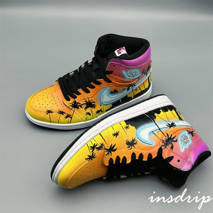 Pink Yellow Coconut Palm Island Sunset Custom Air Jordan 1