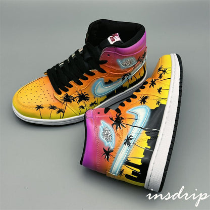 Pink Yellow Coconut Palm Island Sunset Custom Air Jordan 1