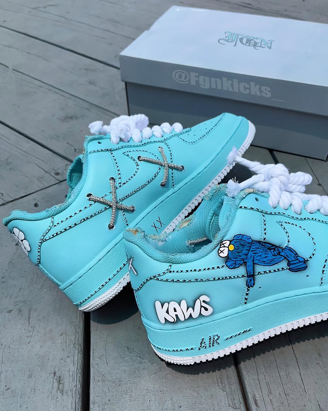 Hand Painted KAWS Turquoise Custom Air Force 1 Sneakers