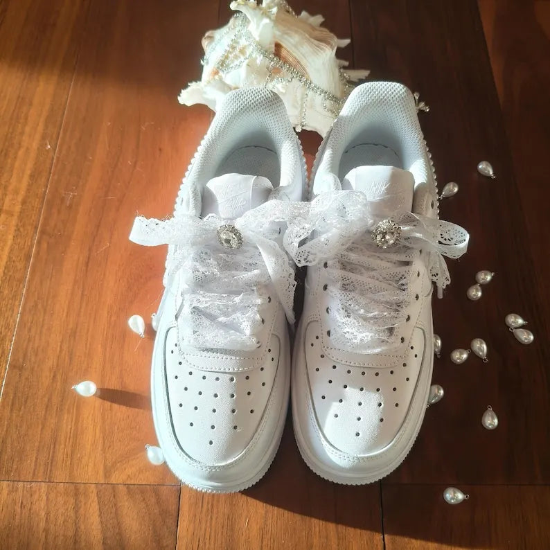 Personalized Name & Date Pearl Embellished Lace Wedding Bridal Custom Air Force 1, Handmade Bridal Custom Sneakers for Bride