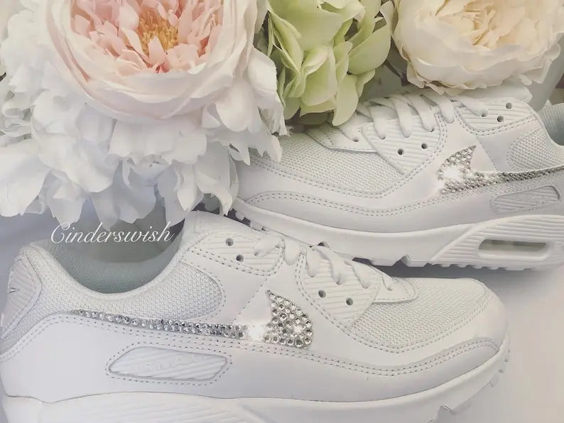 White Bling Crystal Rhinestone Embellished Wedding Bridal Custom Air Force 1 Custom Sneakers, Shiny Comfortable Women Casual Customized Trainers for Daily Wear & Special Occasions