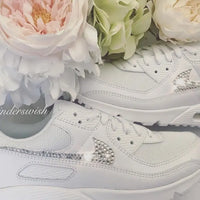 White Bling Crystal Rhinestone Embellished Wedding Bridal Custom Air Force 1 Custom Sneakers, Shiny Comfortable Women Casual Customized Trainers for Daily Wear & Special Occasions