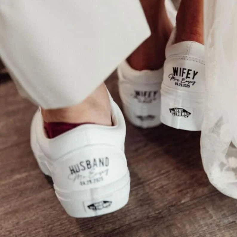 Personalized Wedding Custom Sneakers Custom Name & Wedding Date Printed Bride Groom Couple White Wedding Footwear Pearl Decor Bridal Custom Air Force 1 Comfortable Wedding Shoes