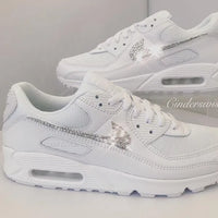 White Bling Crystal Rhinestone Embellished Wedding Bridal Custom Air Force 1 Custom Sneakers, Shiny Comfortable Women Casual Customized Trainers for Daily Wear & Special Occasions