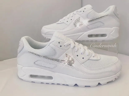 White Bling Crystal Rhinestone Embellished Wedding Bridal Custom Air Force 1 Custom Sneakers, Shiny Comfortable Women Casual Customized Trainers for Daily Wear & Special Occasions