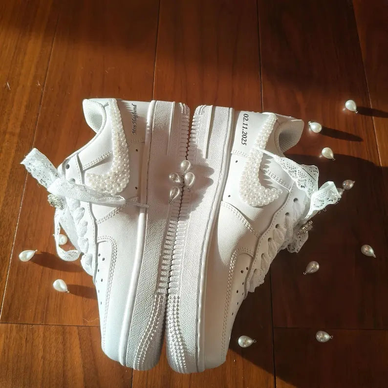 Pearl Embellished Lace Bridal Custom Air Force 1, Personalized Name & Date Wedding Handmade Custom Sneakers for Bride