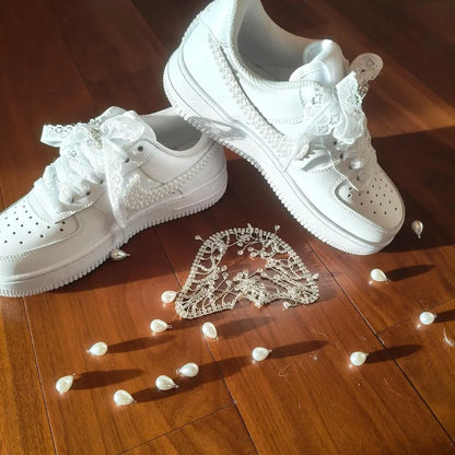 Personalized Name & Date Pearl Embellished Lace Wedding Bridal Custom Air Force 1, Handmade Bridal Custom Sneakers for Bride