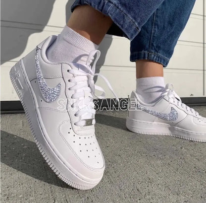 Handmade Shiny Rhinestone Embellished White Custom Air Force 1 Custom Sneakers Bling Sparkly Casual Fashion Women Shoes For Bridal Wedding Daily Wear