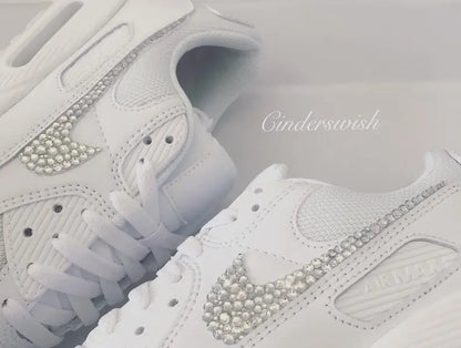 White Bling Crystal Rhinestone Embellished Wedding Bridal Custom Air Force 1 Custom Sneakers, Shiny Comfortable Women Casual Customized Trainers for Daily Wear & Special Occasions