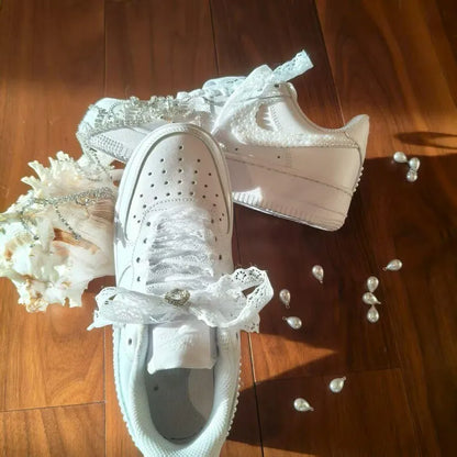 Personalized Wedding Custom Sneakers Custom Name & Wedding Date Printed Bride Groom Couple White Wedding Footwear Pearl Decor Bridal Custom Air Force 1 Comfortable Wedding Shoes