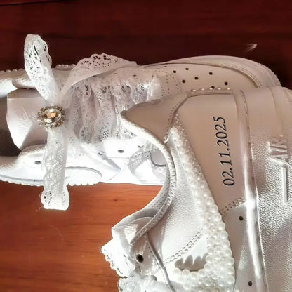 Personalized Name & Date Pearl Embellished Lace Wedding Bridal Custom Air Force 1, Handmade Bridal Custom Sneakers for Bride