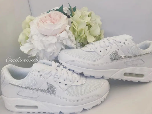 White Bling Crystal Rhinestone Embellished Wedding Bridal Custom Air Force 1 Custom Sneakers, Shiny Comfortable Women Casual Customized Trainers for Daily Wear & Special Occasions