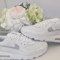 White Bling Crystal Rhinestone Embellished Wedding Bridal Custom Air Force 1 Custom Sneakers, Shiny Comfortable Women Casual Customized Trainers for Daily Wear & Special Occasions