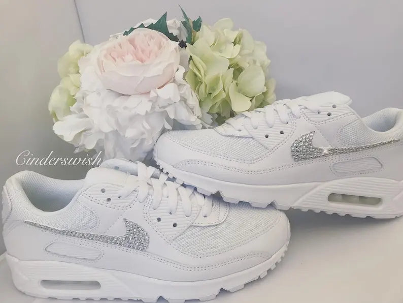White Bling Crystal Rhinestone Embellished Wedding Bridal Custom Air Force 1 Custom Sneakers, Shiny Comfortable Women Casual Customized Trainers for Daily Wear & Special Occasions
