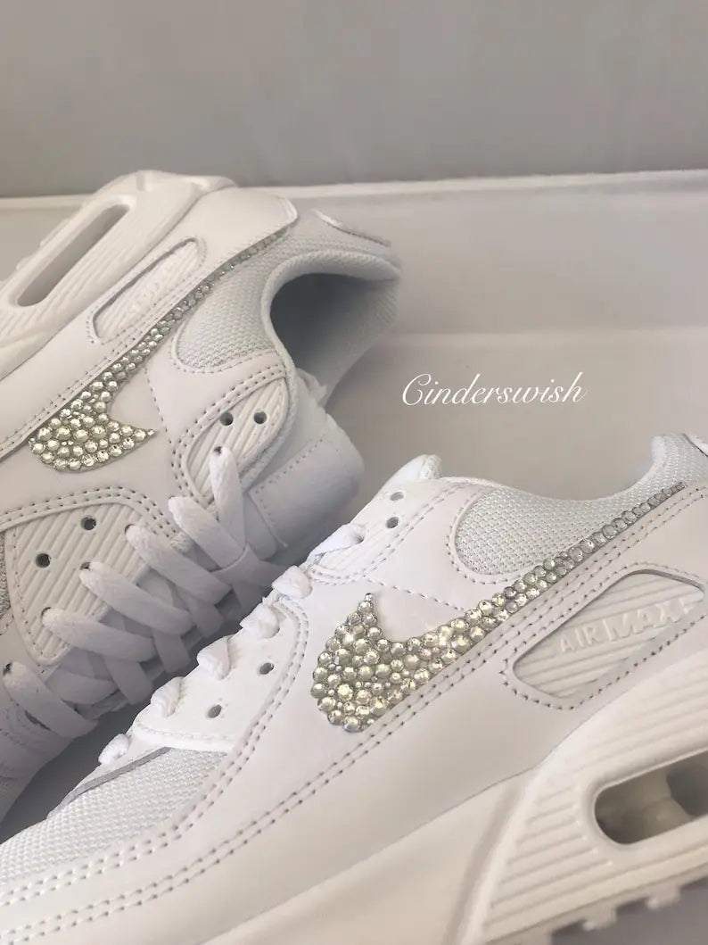 White Bling Crystal Rhinestone Embellished Wedding Bridal Custom Air Force 1 Custom Sneakers, Shiny Comfortable Women Casual Customized Trainers for Daily Wear & Special Occasions