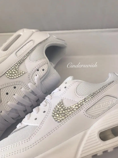 White Bling Crystal Rhinestone Embellished Wedding Bridal Custom Air Force 1 Custom Sneakers, Shiny Comfortable Women Casual Customized Trainers for Daily Wear & Special Occasions